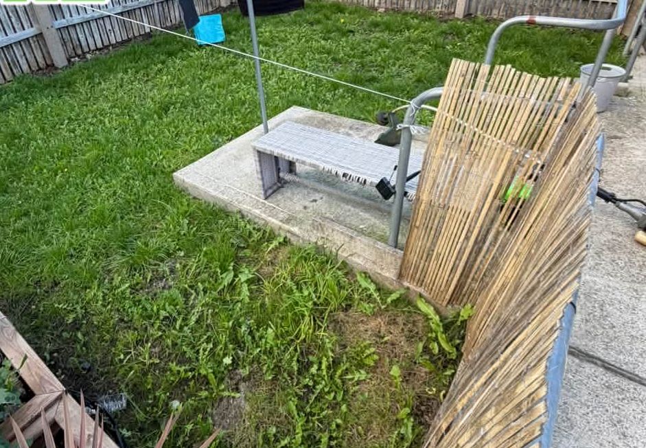 Overgrown back garden with rotary line and bamboo screen